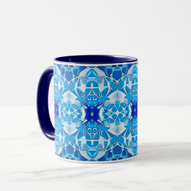 Turquoise, Grey and Cobalt Blue Tile Pattern Mug (Front Left)