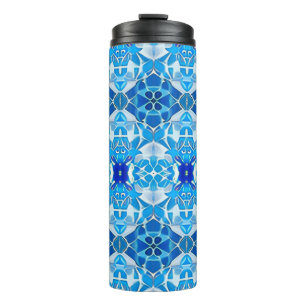 Turquoise, Grey and Cobalt Blue Tile Pattern Thermal Tumbler