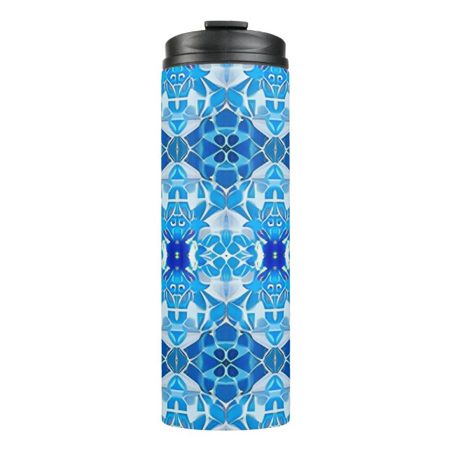 Turquoise, Grey and Cobalt Blue Tile Pattern Thermal Tumbler (Front)