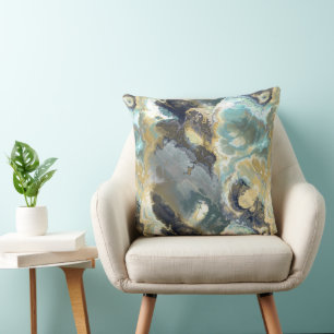 Turquoise, grey and gold fractal abstract cushion