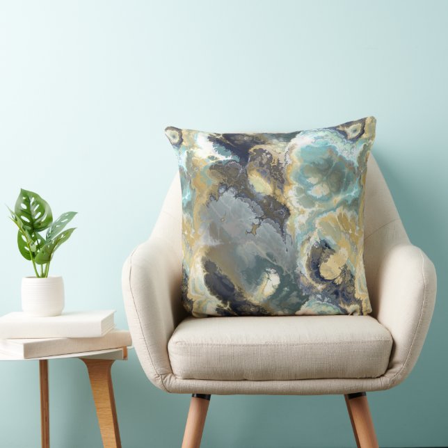 Turquoise, grey and gold fractal abstract cushion (Chair)