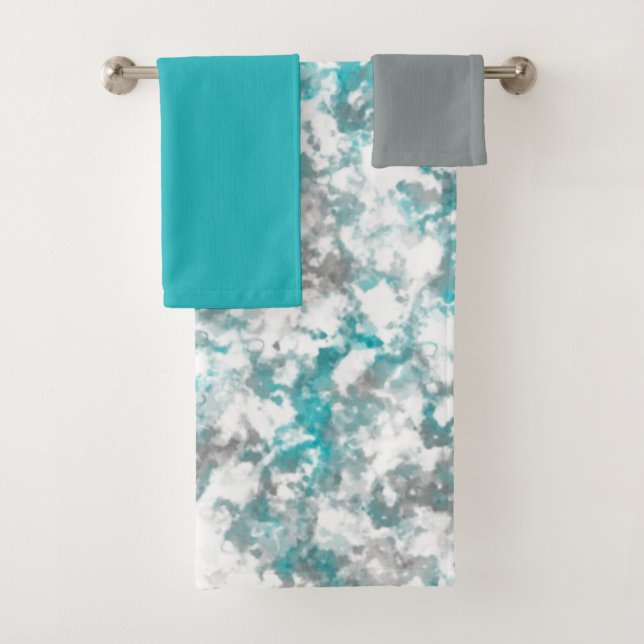 Turquoise grey and white abstract  bath towel set (Insitu)