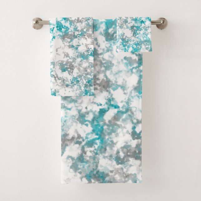 Turquoise grey and white abstract bath towel set (Insitu)