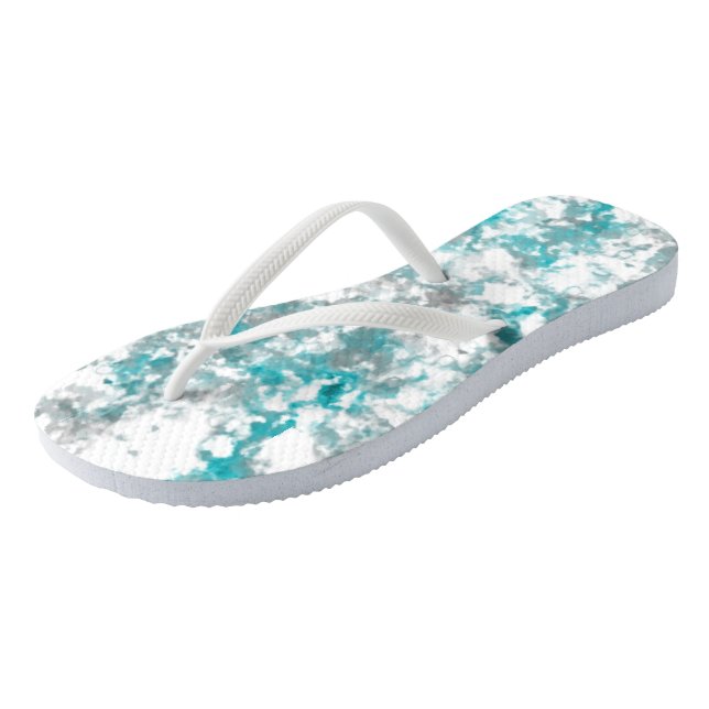 Turquoise grey and white marble texture flip flops (Angled)