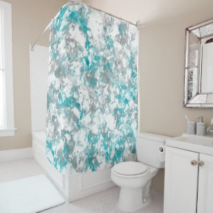 Turquoise grey and white marble texture shower curtain