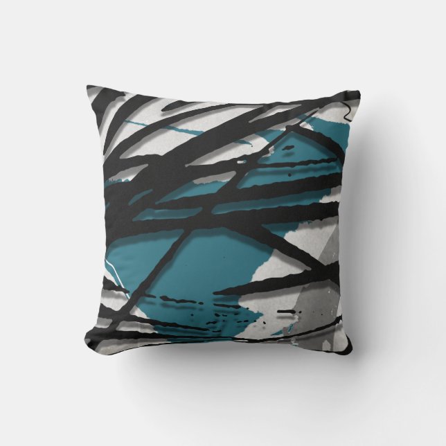 Turquoise Grey & Black Abstract Watercolor Cushion (Front)