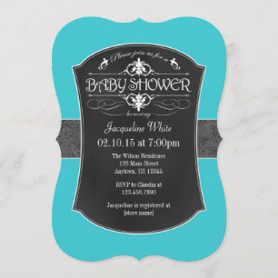 Turquoise Grey Chalkboard Baby Shower Invitation