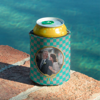 Turquoise Grey Checks & Photo Can Cooler