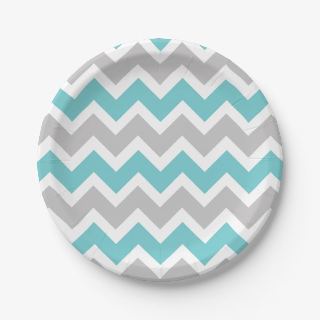 turquoise grey chevron baby shower bridal party paper plate (Front)