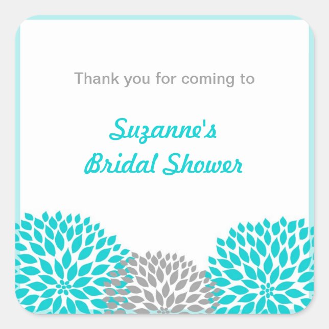 Turquoise Grey Dahlia Bridal Baby Shower favour ta Square Sticker (Front)