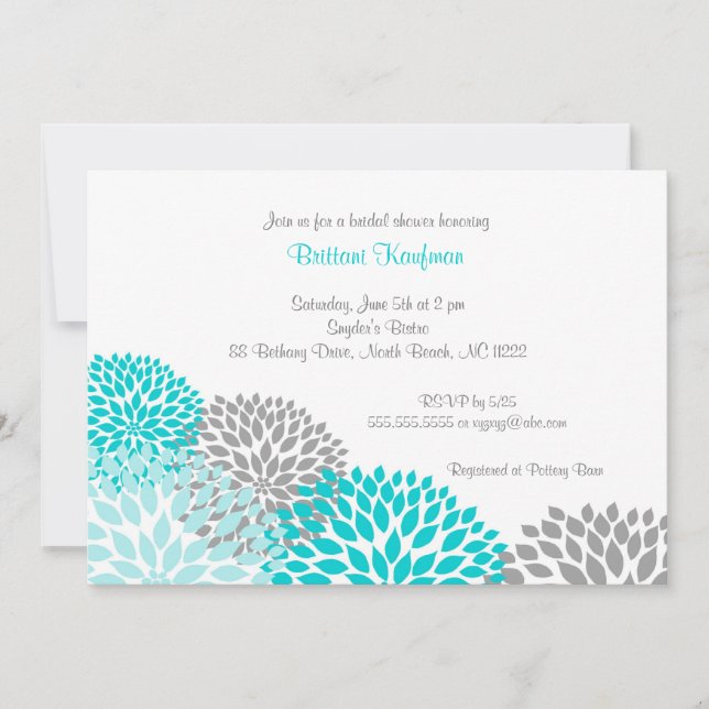 Turquoise & Grey Dahlia Bridal Baby Shower Invite (Front)
