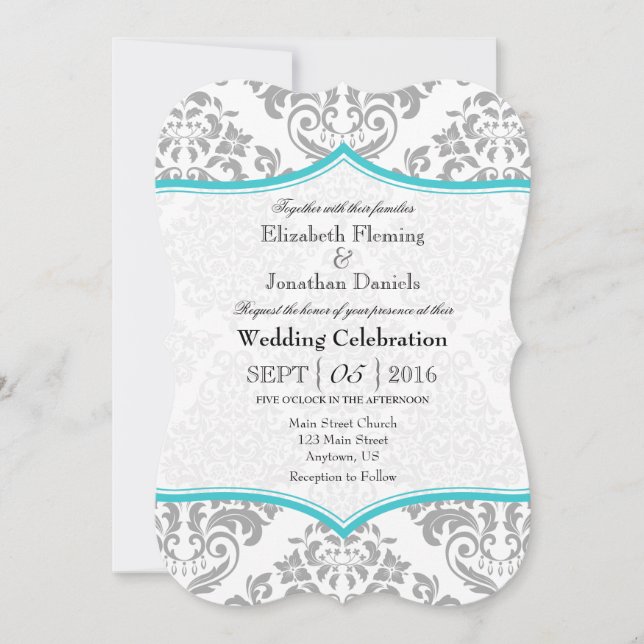 Turquoise Grey Damask Bracket Wedding Invite (Front)