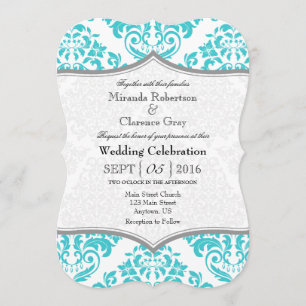 Turquoise Grey Damask Bracket Wedding Invite