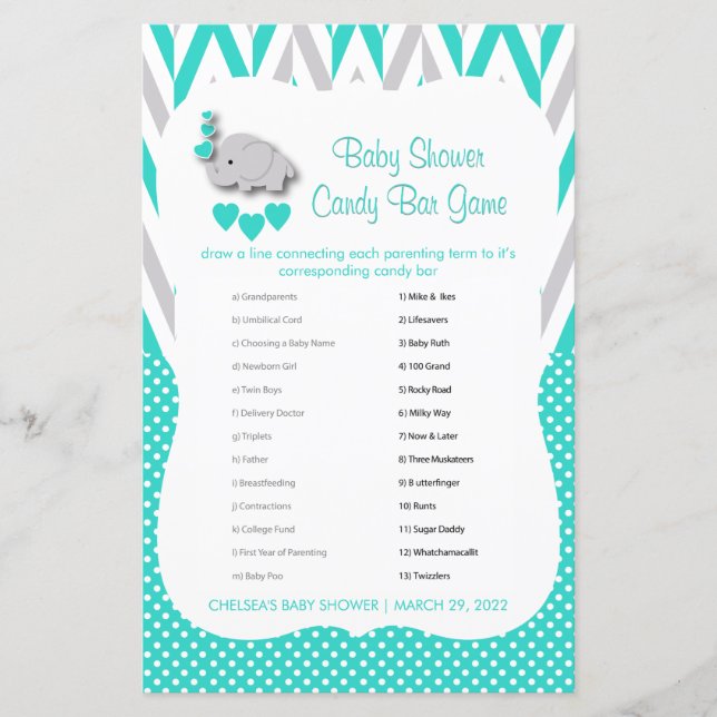 Turquoise & Grey Elephant Baby Shower - Candy (Front)