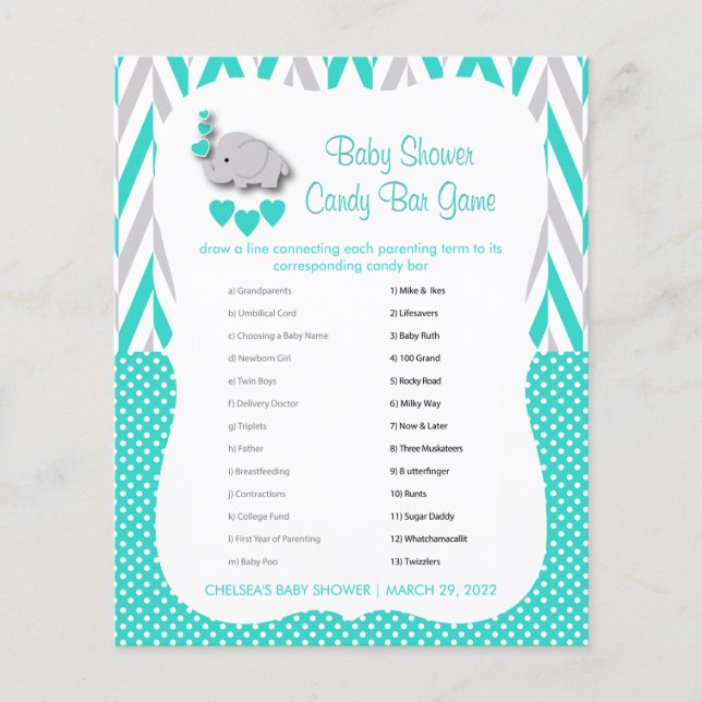 Turquoise & Grey Elephant Baby Shower - Candy Bar Flyer (Front)