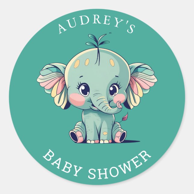 Turquoise Grey Elephant Baby Shower Stickers (Front)