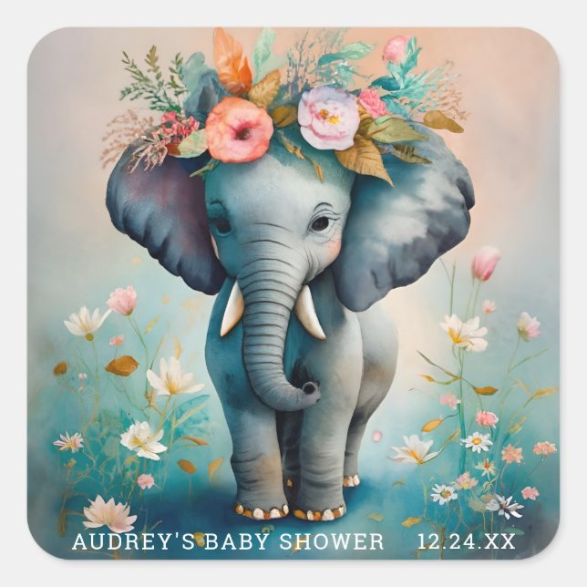 Turquoise Grey Elephant Baby Shower Stickers (Front)