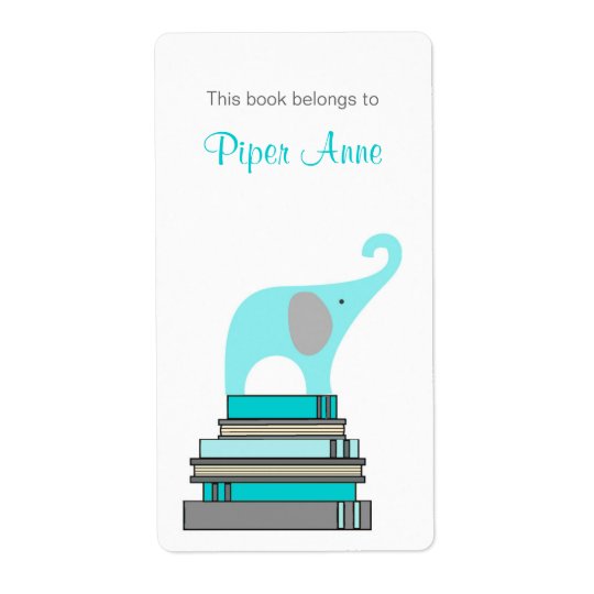 Turquoise & Grey Elephant on books book plate Shipping Label