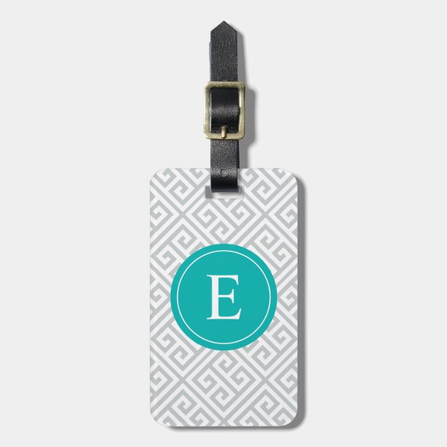Turquoise & Grey Greek Key | Luggage Tag (Front Vertical)