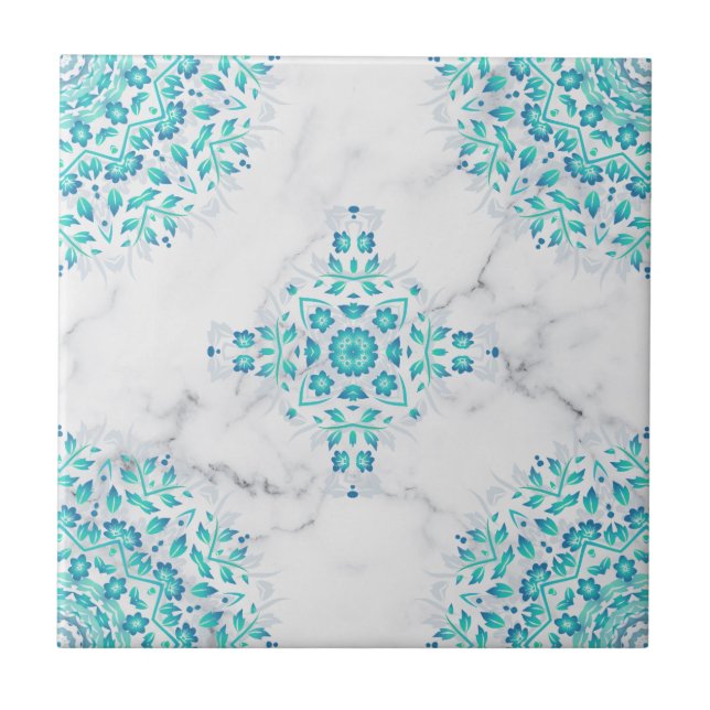 Turquoise Grey Marble Floral Geometric Tile (Front)