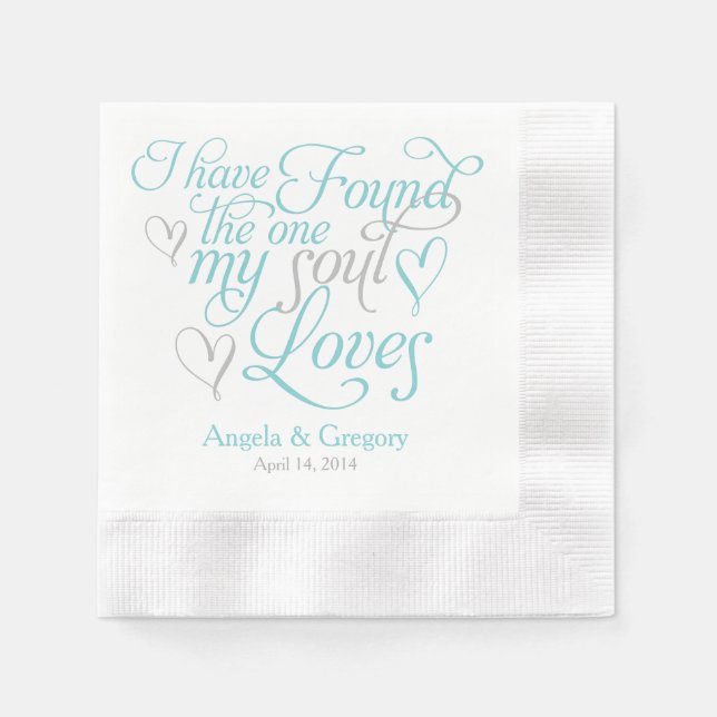 Turquoise Grey My Soul Loves Heart Wedding Napkin (Front)