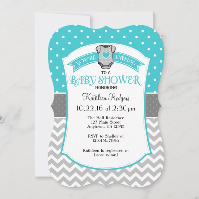 Turquoise Grey Polkadot Chevron Baby Shower Invite (Front)