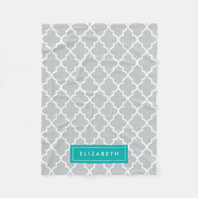 Turquoise & Grey Quatrefoil | Fleece Blanket (Front)