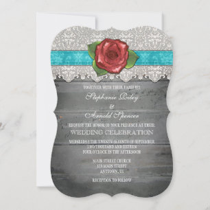 Turquoise Grey Rustic Wood Rose Wedding Invite
