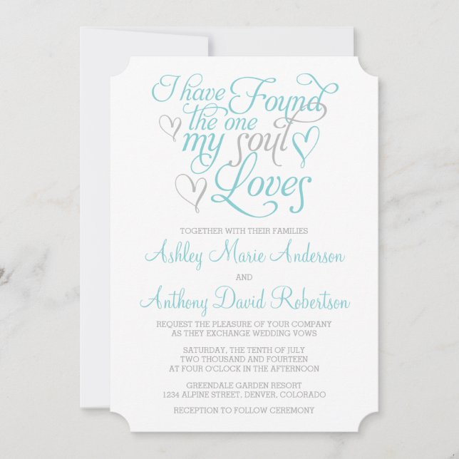 Turquoise Grey Soul Loves Heart Wedding Invitation (Front)