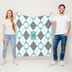 turquoise grey white basketball themed argyle fleece blanket