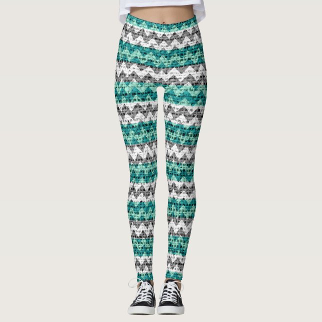 Turquoise Grey White Chevron Pattern Burlap Look Leggings (Front)
