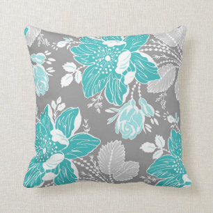 Turquoise Grey White Floral Decorative Pillow