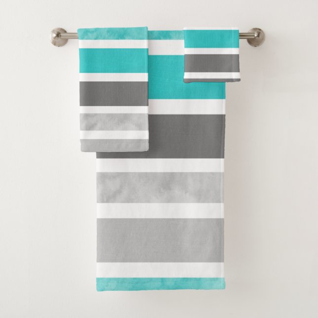 Turquoise Grey White Stripes Bath Towel Set (Insitu)