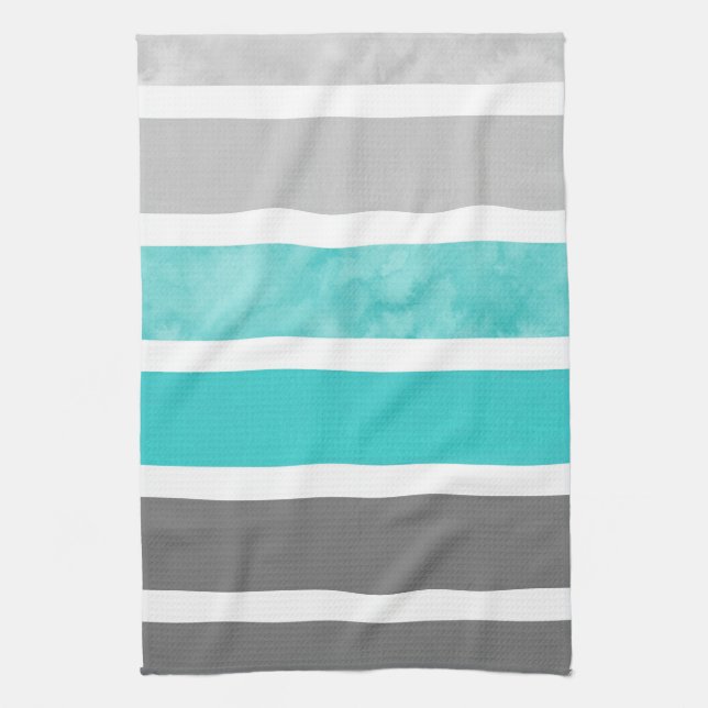 Turquoise Grey White Watercolor Stripes Tea Towel (Vertical)