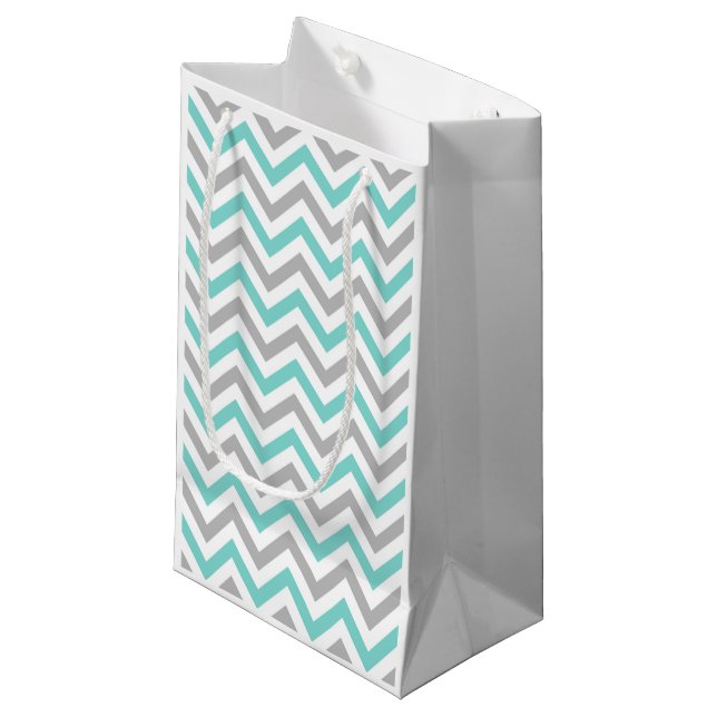 Turquoise, Grey, Wht Large Chevron ZigZag Pattern Small Gift Bag (Front Angled)