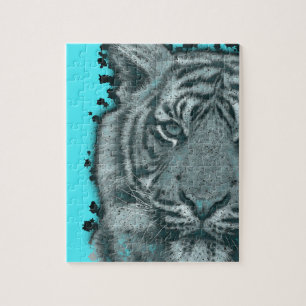 Turquoise Grunge Blk&Wht Tiger Jigsaw Puzzle