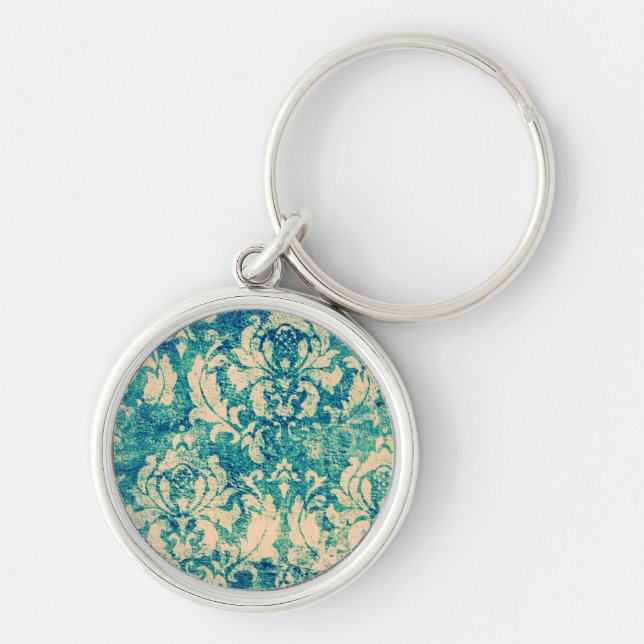 Turquoise Grunge Vintage Damask Keychain (Front)