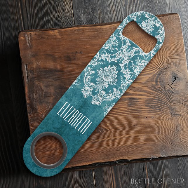 Turquoise Grungy Damask Pattern Custom Text (Custom Bar Key)