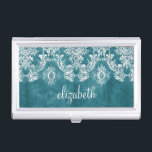 Turquoise Grungy Damask Pattern Custom Text Business Card Holder<br><div class="desc">A vintage pattern with a chalkboard and lace design. Look closely to the flowers and leaves.A trendy design with jewel tone colours and elegance. Items are easier to customise when you replace all text and photos first. If your art still needs to be adjusted, click on the Customise This button....</div>