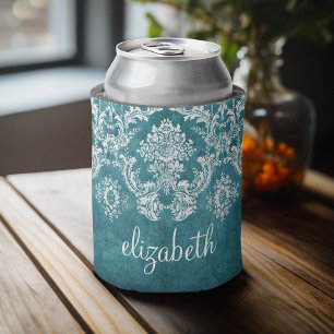 Turquoise Grungy Damask Pattern Custom Text Can Cooler
