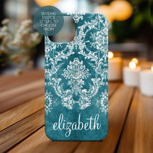 Turquoise Grungy Damask Pattern Custom Text Case-Mate iPhone 14 Plus Case