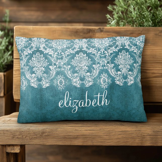 Turquoise Grungy Damask Pattern Custom Text Decorative Cushion (Custom Pillow)