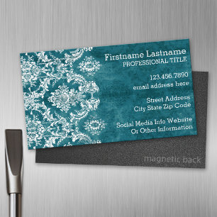 Turquoise Grungy Damask Pattern Custom Text Magnetic Business Card