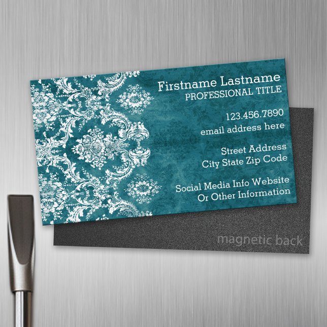 Turquoise Grungy Damask Pattern Custom Text Magnetic Business Card (Custom Business Card Magnet)