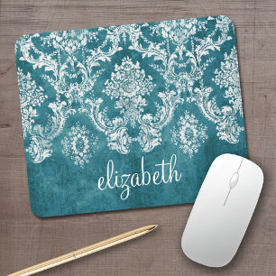 Turquoise Grungy Damask Pattern Custom Text Mouse Mat