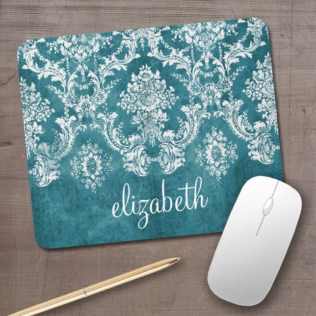 Turquoise Grungy Damask Pattern Custom Text Mouse Mat (Personalized mouse pad with your name)