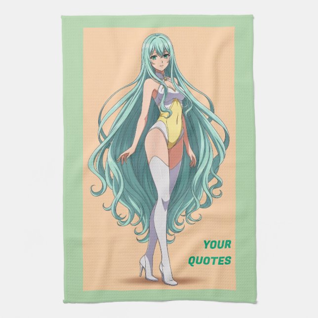 Turquoise Hair Anime Girl Tea Towel (Vertical)