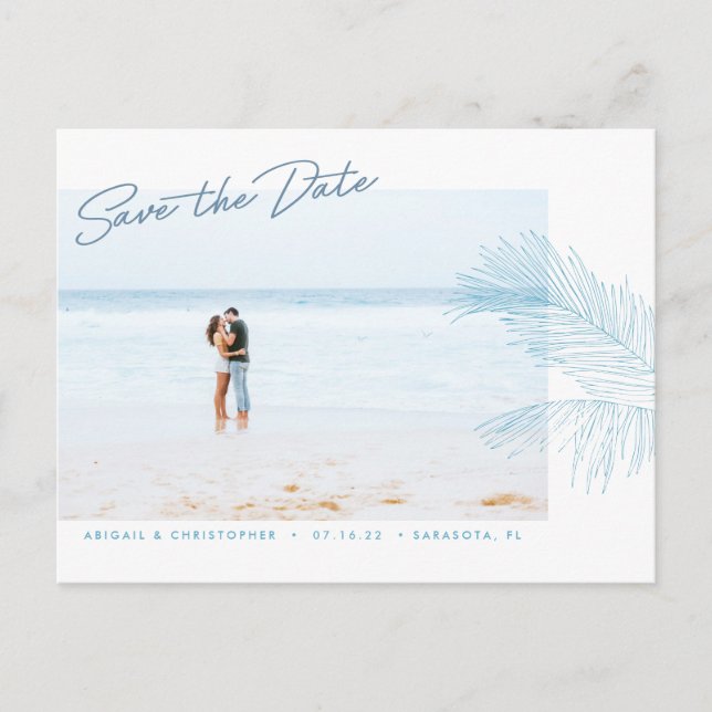 Turquoise Hand Drawn Palm Leaves Tropical Beach Announcement Postcard (Front)
