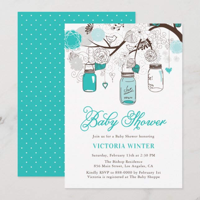 Turquoise Hanging Mason Jars Floral Baby Shower Invitation (Front/Back)