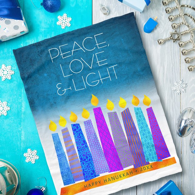 Turquoise Hanukkah Candles Peace Love Light Modern Fleece Blanket (Creator Uploaded)
